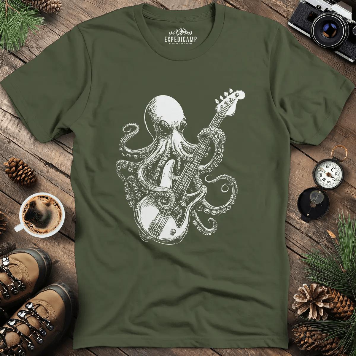 Octopus Bass Guitar Player T-Shirt – Military Green – Outdoor apparel for travel, hiking, camping, and nature lovers – ExpediCamp