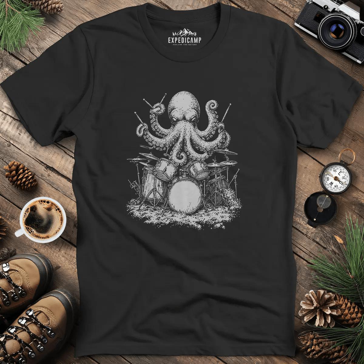 Octopus Drummer T-Shirt – Black – Outdoor apparel for travel, hiking, camping, and nature lovers – ExpediCamp