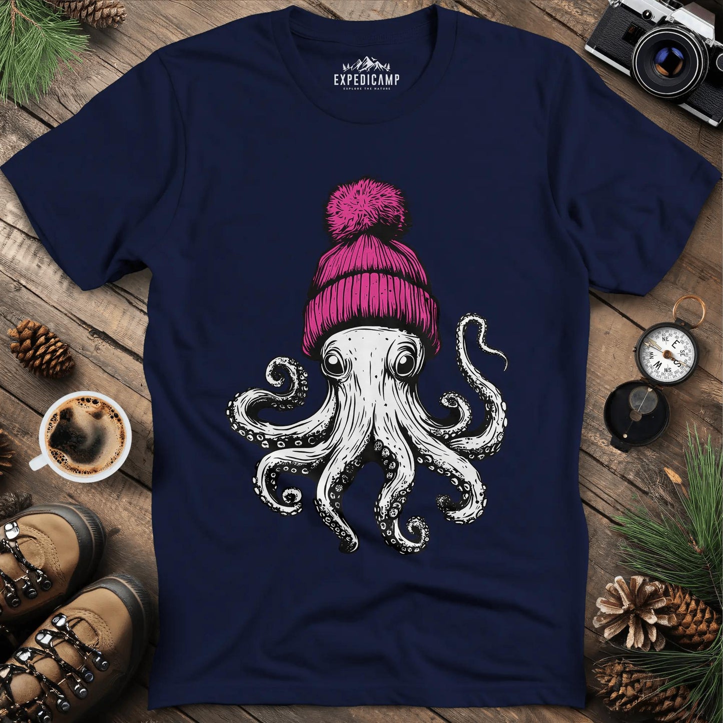 Octopus in Purple Beanie T-Shirt – Navy – Outdoor apparel for travel, hiking, camping, and nature lovers – ExpediCamp