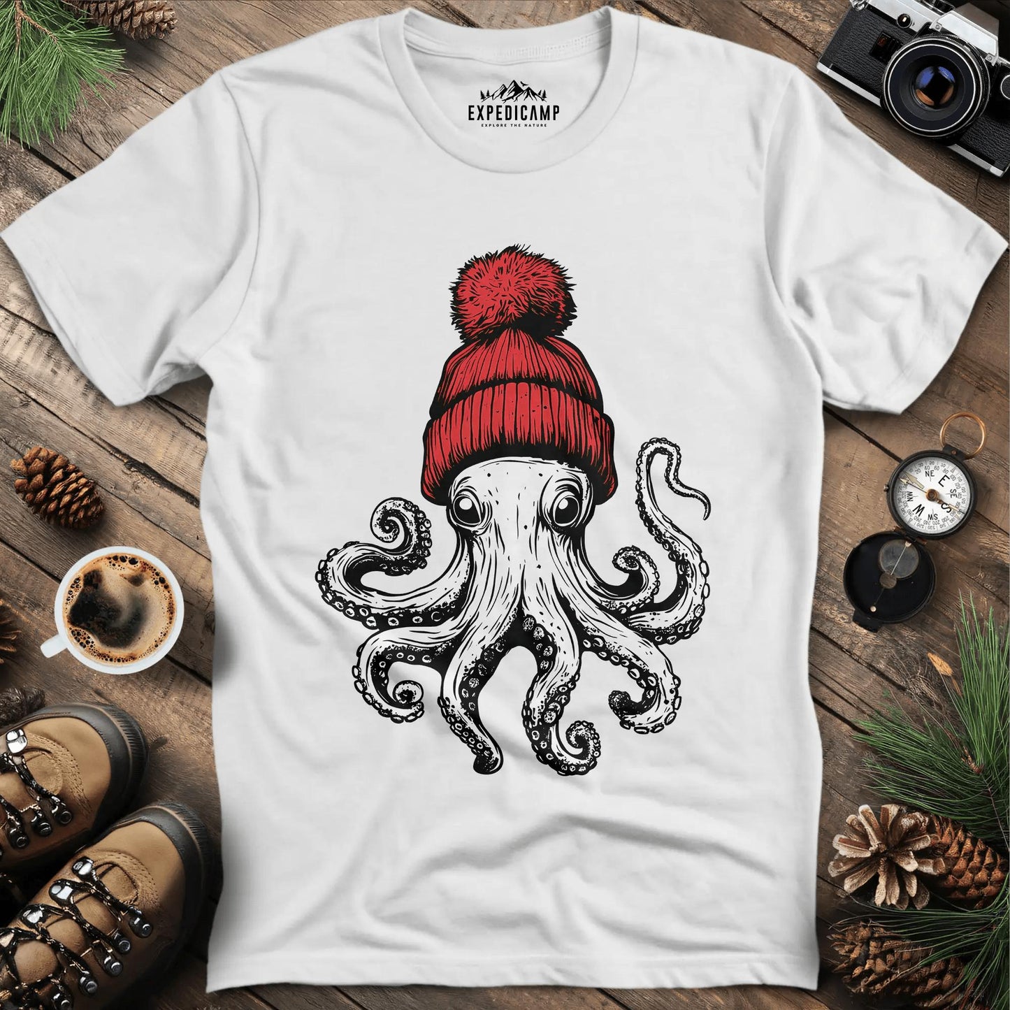 Octopus in Red Beanie T-Shirt – White – Outdoor apparel for travel, hiking, camping, and nature lovers – ExpediCamp