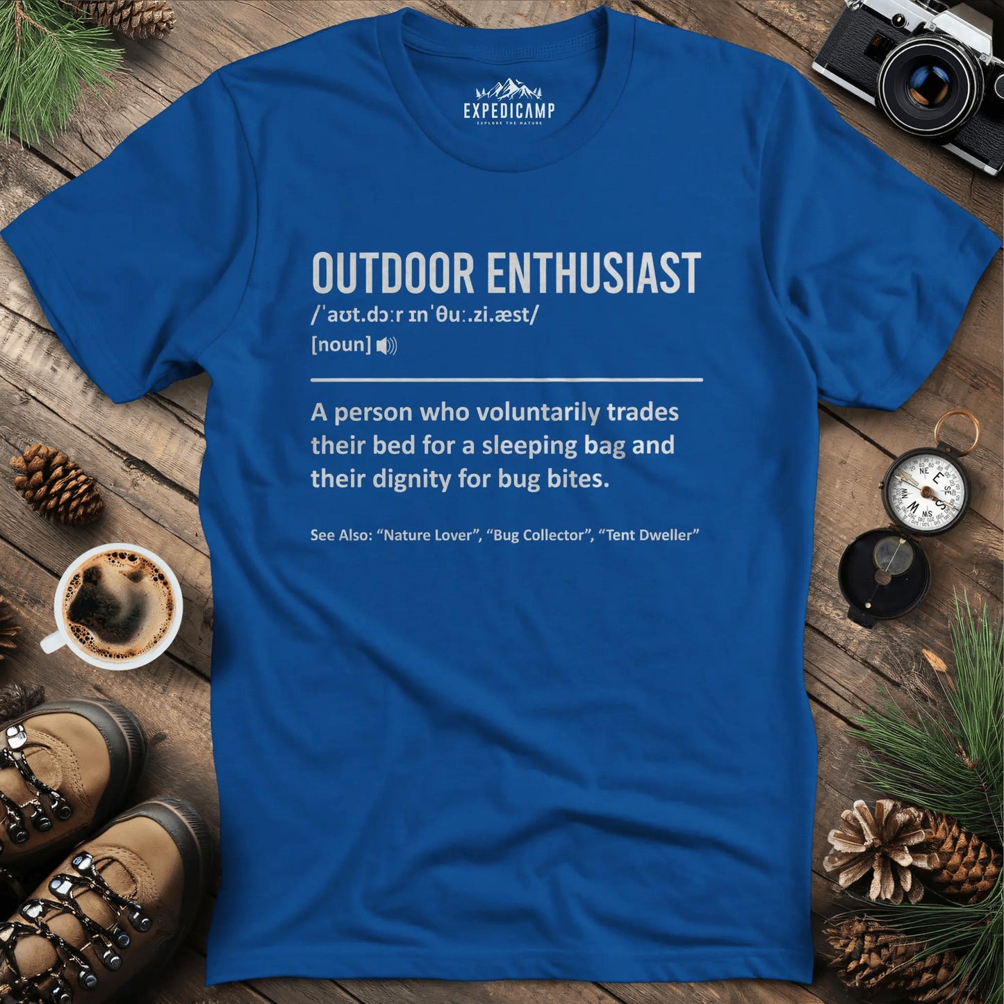 Outdoor Enthusiast Definition T-Shirt – Royal – Outdoor apparel for travel, hiking, camping, and nature lovers – ExpediCamp