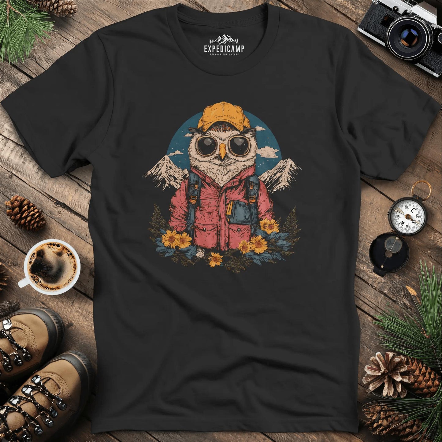 Owl Hiker T-Shirt – Wisdom of the Wild – Black – Outdoor apparel for travel, hiking, camping, and nature lovers – ExpediCamp