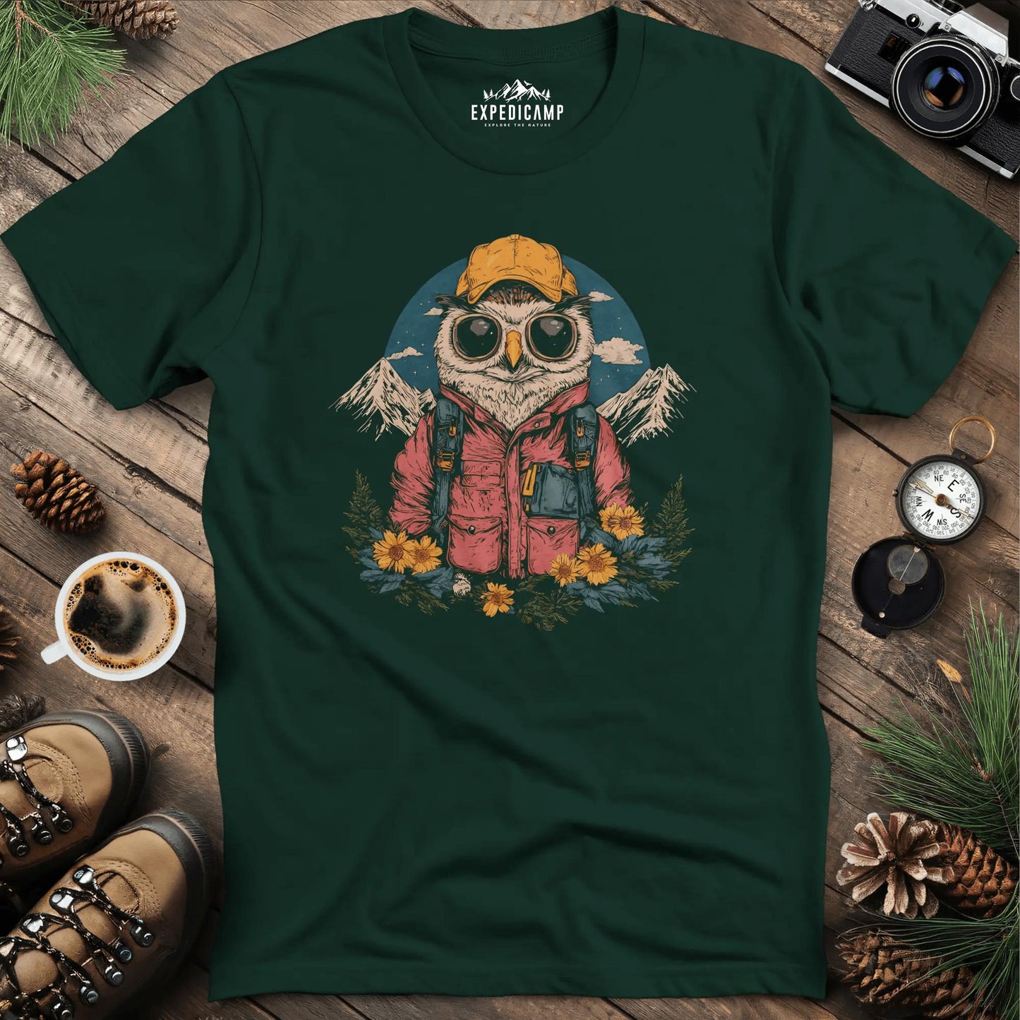 Owl Hiker T-Shirt – Wisdom of the Wild – Forest Green – Outdoor apparel for travel, hiking, camping, and nature lovers – ExpediCamp