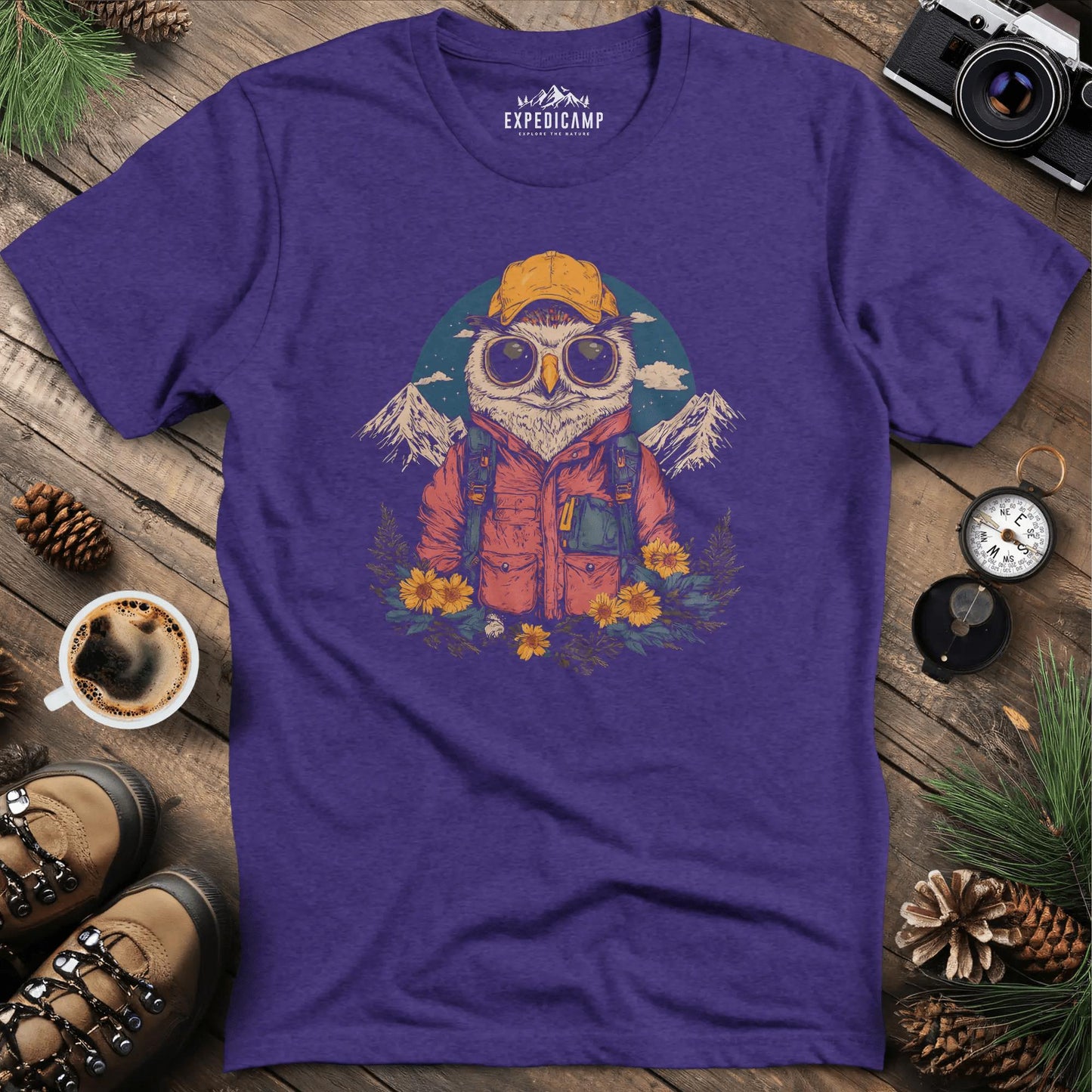 Owl Hiker T-Shirt – Wisdom of the Wild – Heather Purple – Outdoor apparel for travel, hiking, camping, and nature lovers – ExpediCamp