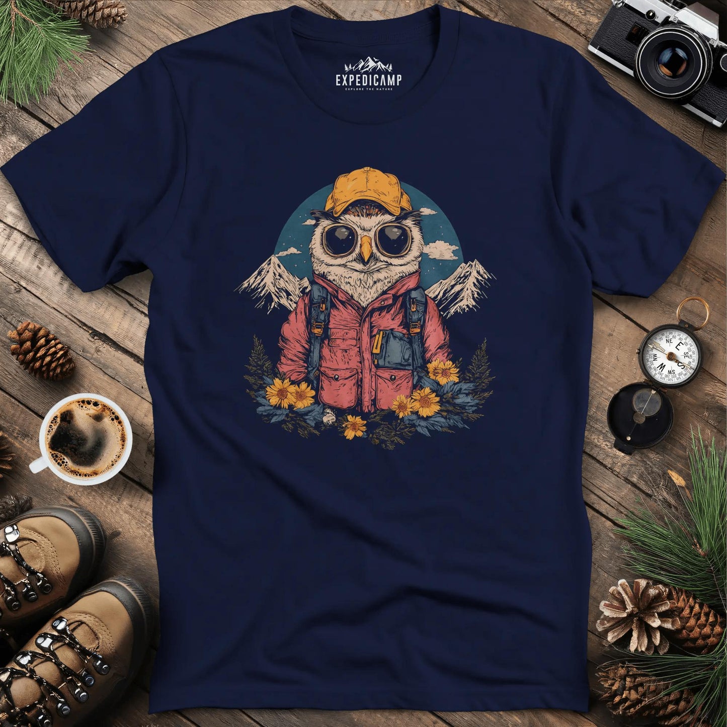 Owl Hiker T-Shirt – Wisdom of the Wild – Navy – Outdoor apparel for travel, hiking, camping, and nature lovers – ExpediCamp