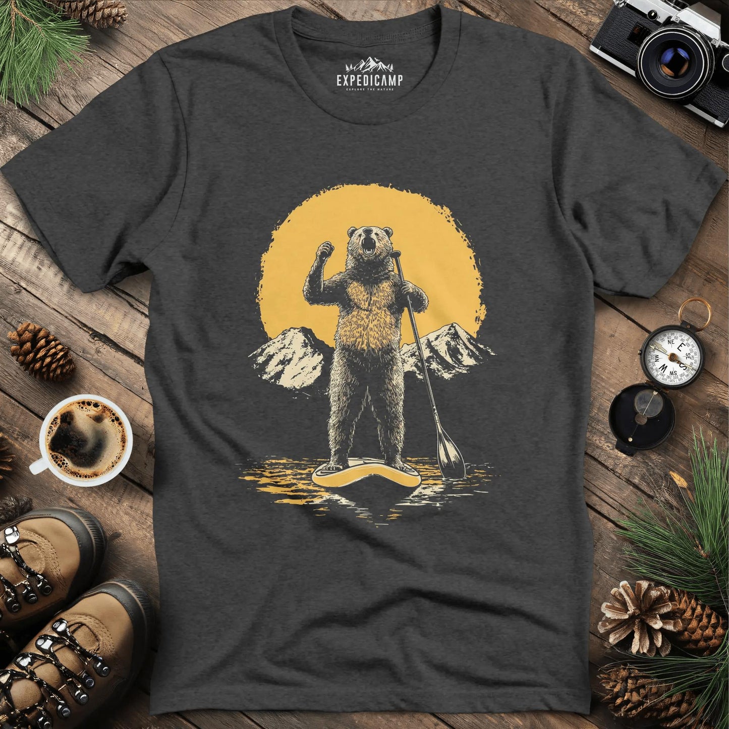 Paddleboarding Bear Sup Adventure T-Shirt – Dark Heather – Outdoor apparel for travel, hiking, camping, and nature lovers – ExpediCamp