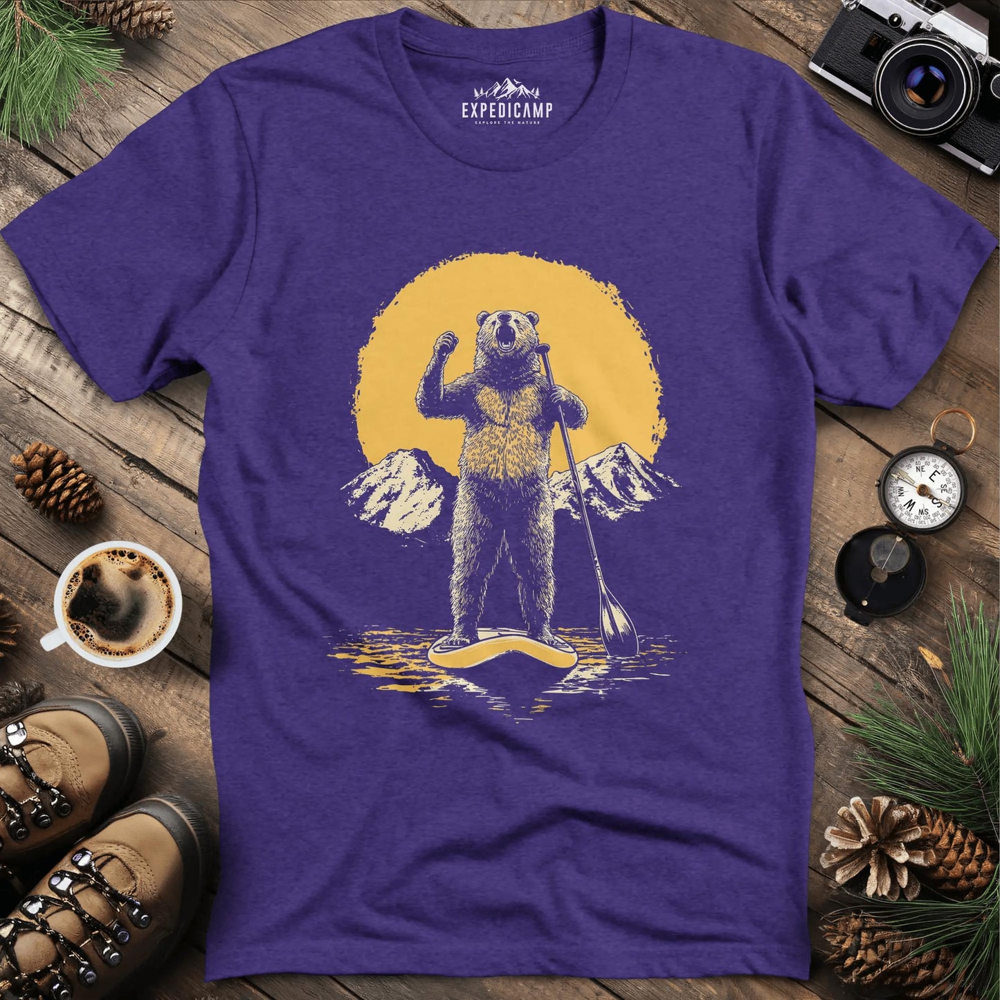 Paddleboarding Bear Sup Adventure T-Shirt – Heather Purple – Outdoor apparel for travel, hiking, camping, and nature lovers – ExpediCamp