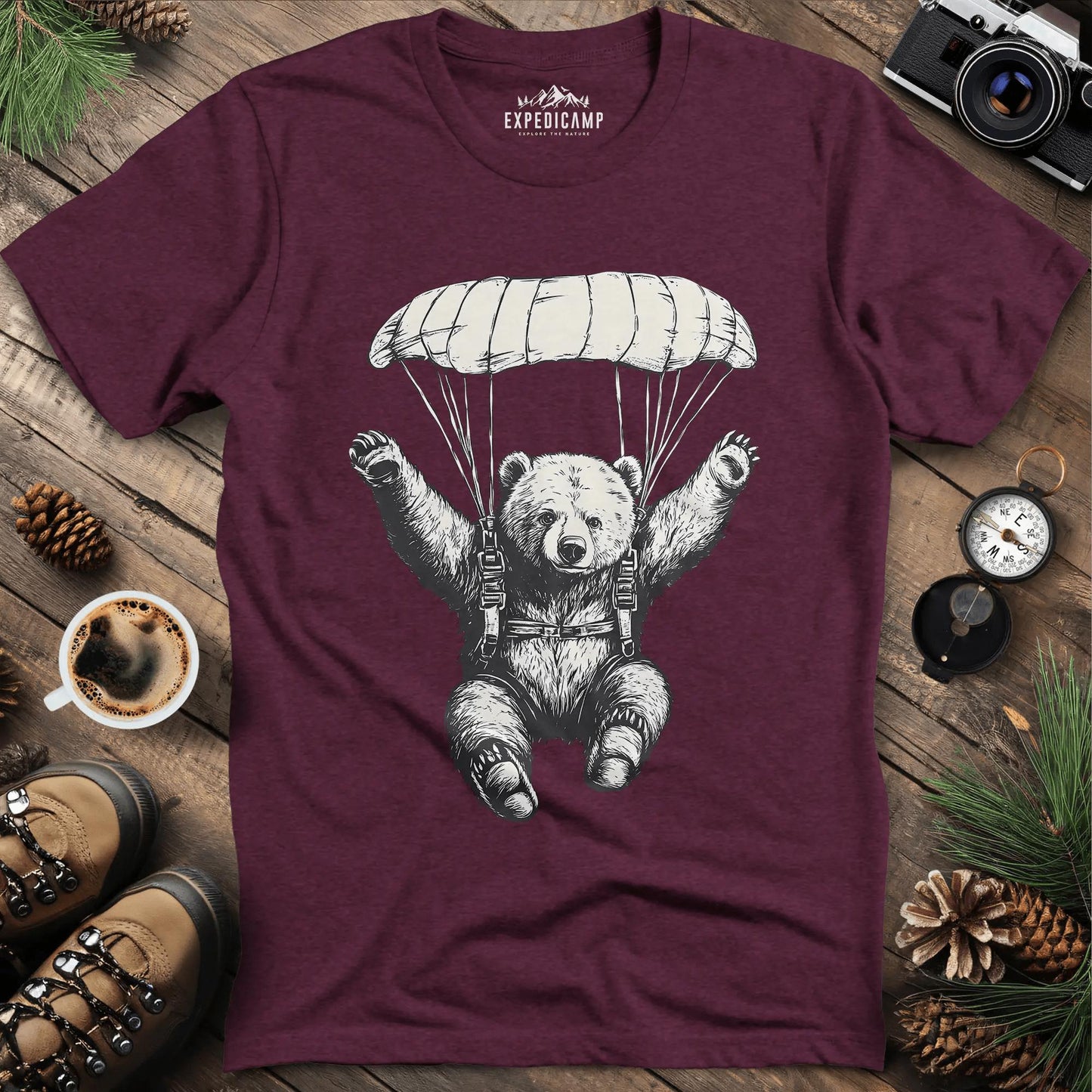 Parachuting Bear Adventure T-Shirt – Heather Maroon – Outdoor apparel for travel, hiking, camping, and nature lovers – ExpediCamp