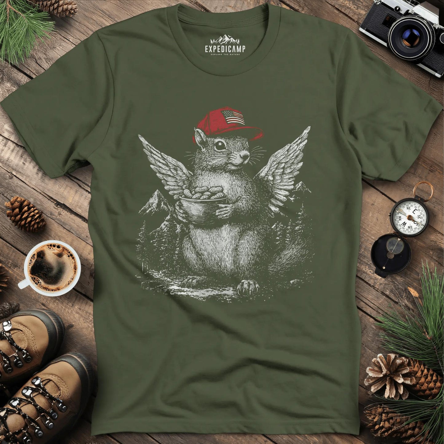 Patriotic Peanut Tribute T-Shirt - Forest Guardian Edition – Military Green – Outdoor apparel for travel, hiking, camping, and nature lovers – ExpediCamp