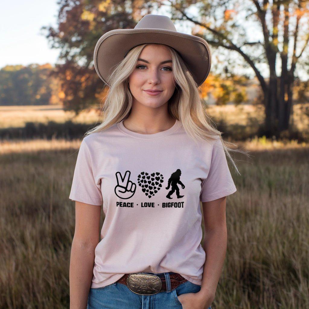 Peace Love Bigfoot T-Shirt – – Outdoor apparel for travel, hiking, camping, and nature lovers – ExpediCamp