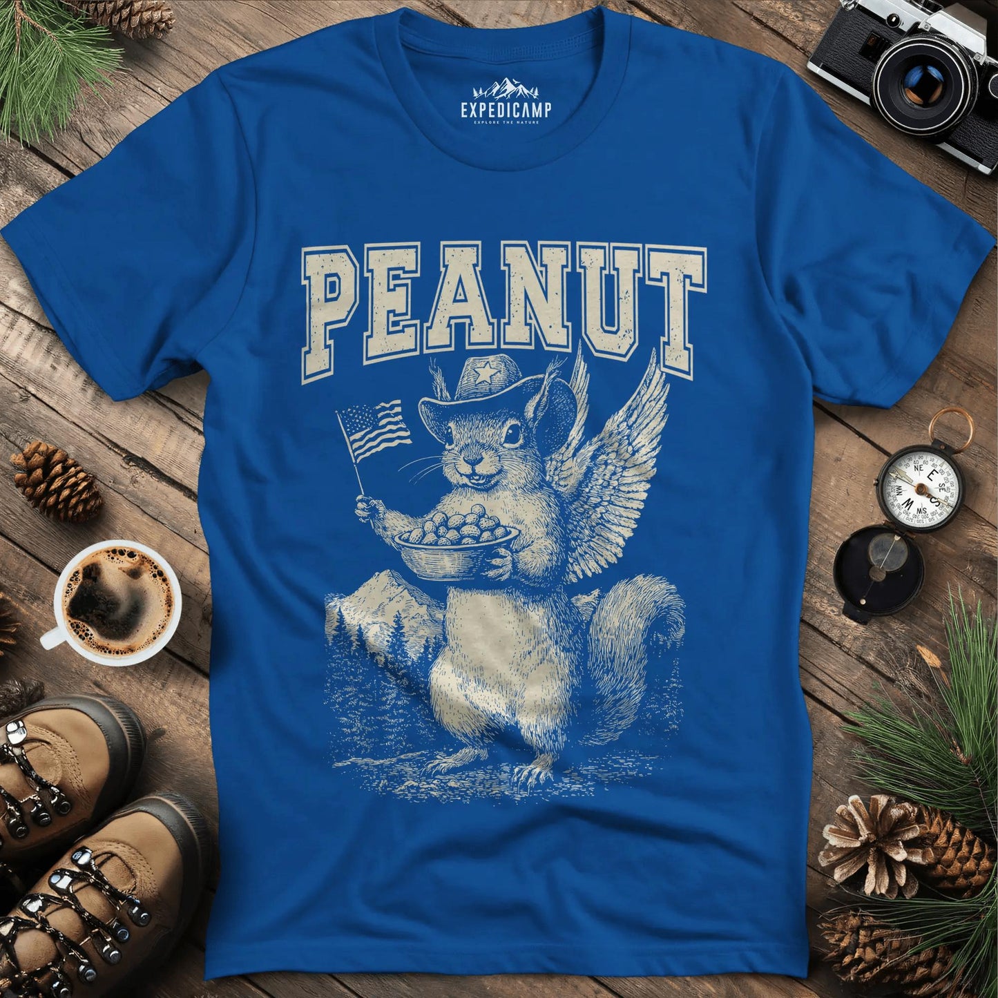 Peanut the Patriot T-Shirt - Proud Tribute to a Beloved Squirrel – Royal – Outdoor apparel for travel, hiking, camping, and nature lovers – ExpediCamp