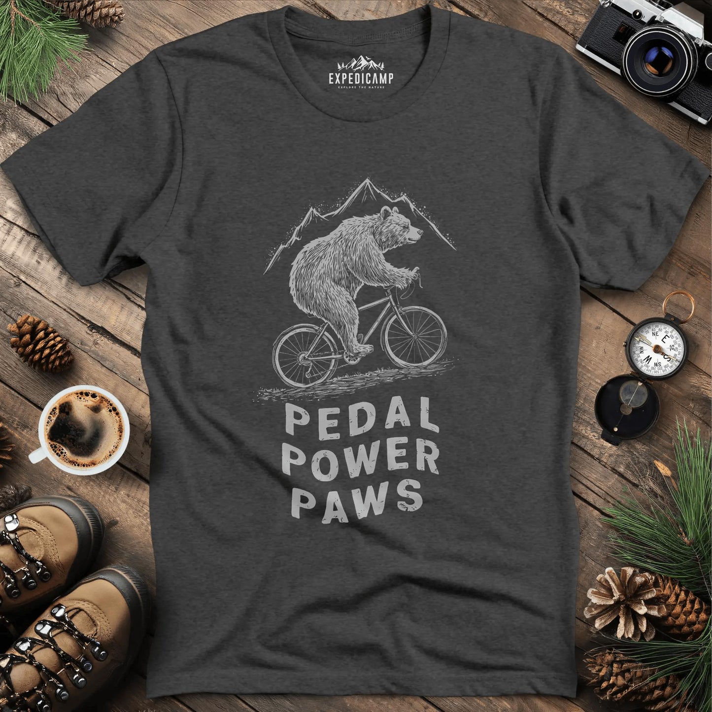 Pedal Power Paws T-Shirt – Cycling Bear Adventure – Dark Heather – Outdoor apparel for travel, hiking, camping, and nature lovers – ExpediCamp