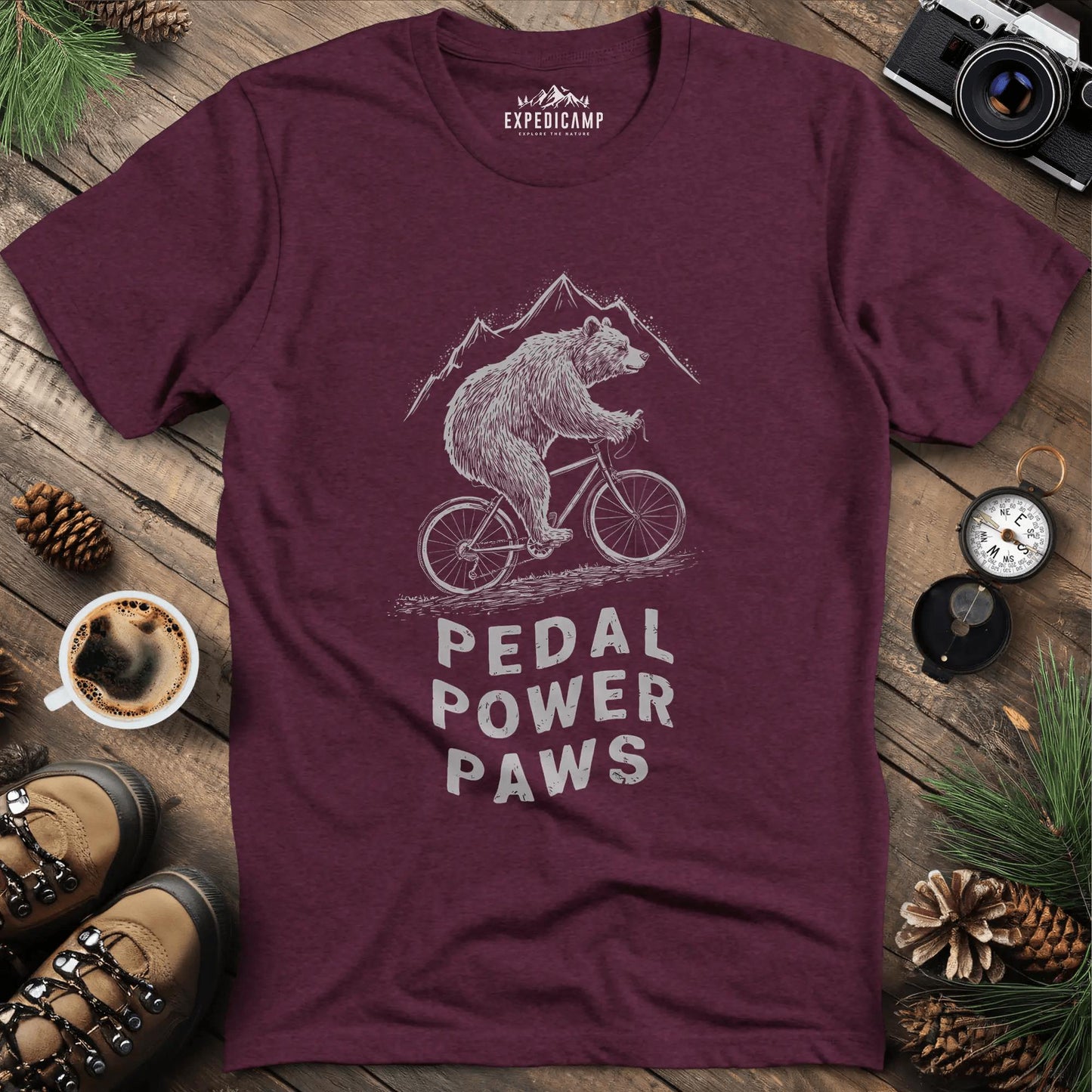Pedal Power Paws T-Shirt – Cycling Bear Adventure – Heather Maroon – Outdoor apparel for travel, hiking, camping, and nature lovers – ExpediCamp