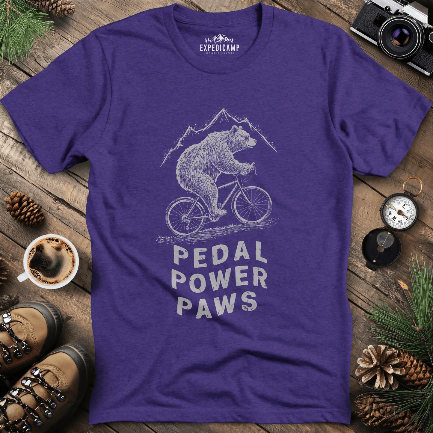 Pedal Power Paws T-Shirt – Cycling Bear Adventure – Heather Purple – Outdoor apparel for travel, hiking, camping, and nature lovers – ExpediCamp