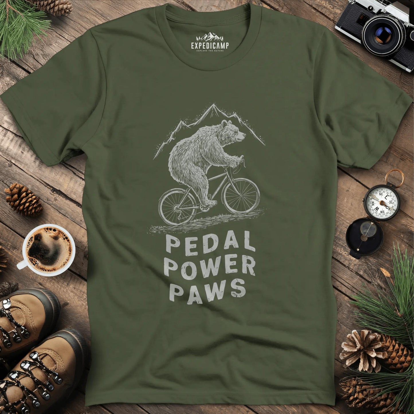 Pedal Power Paws T-Shirt – Cycling Bear Adventure – Military Green – Outdoor apparel for travel, hiking, camping, and nature lovers – ExpediCamp