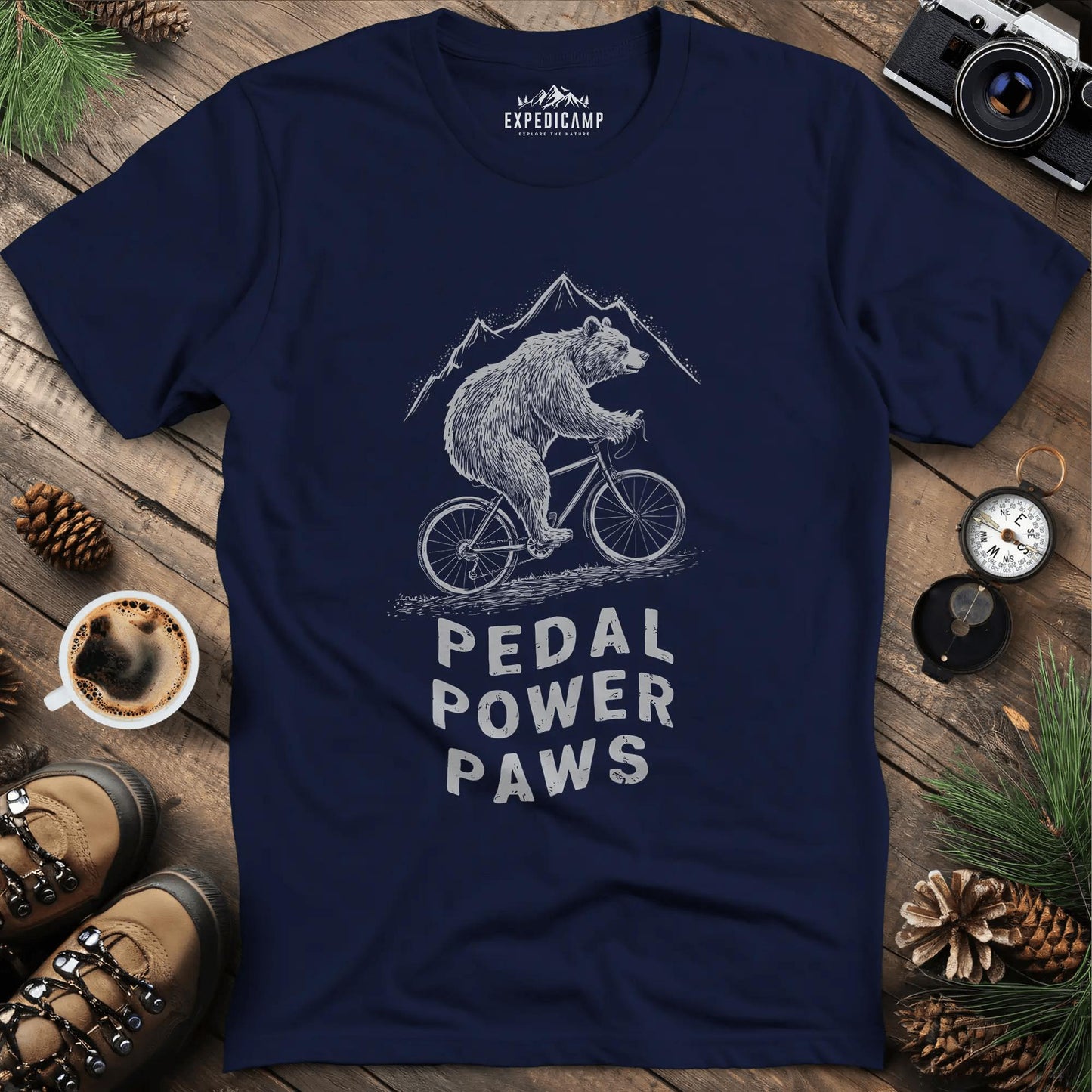 Pedal Power Paws T-Shirt – Cycling Bear Adventure – Navy – Outdoor apparel for travel, hiking, camping, and nature lovers – ExpediCamp