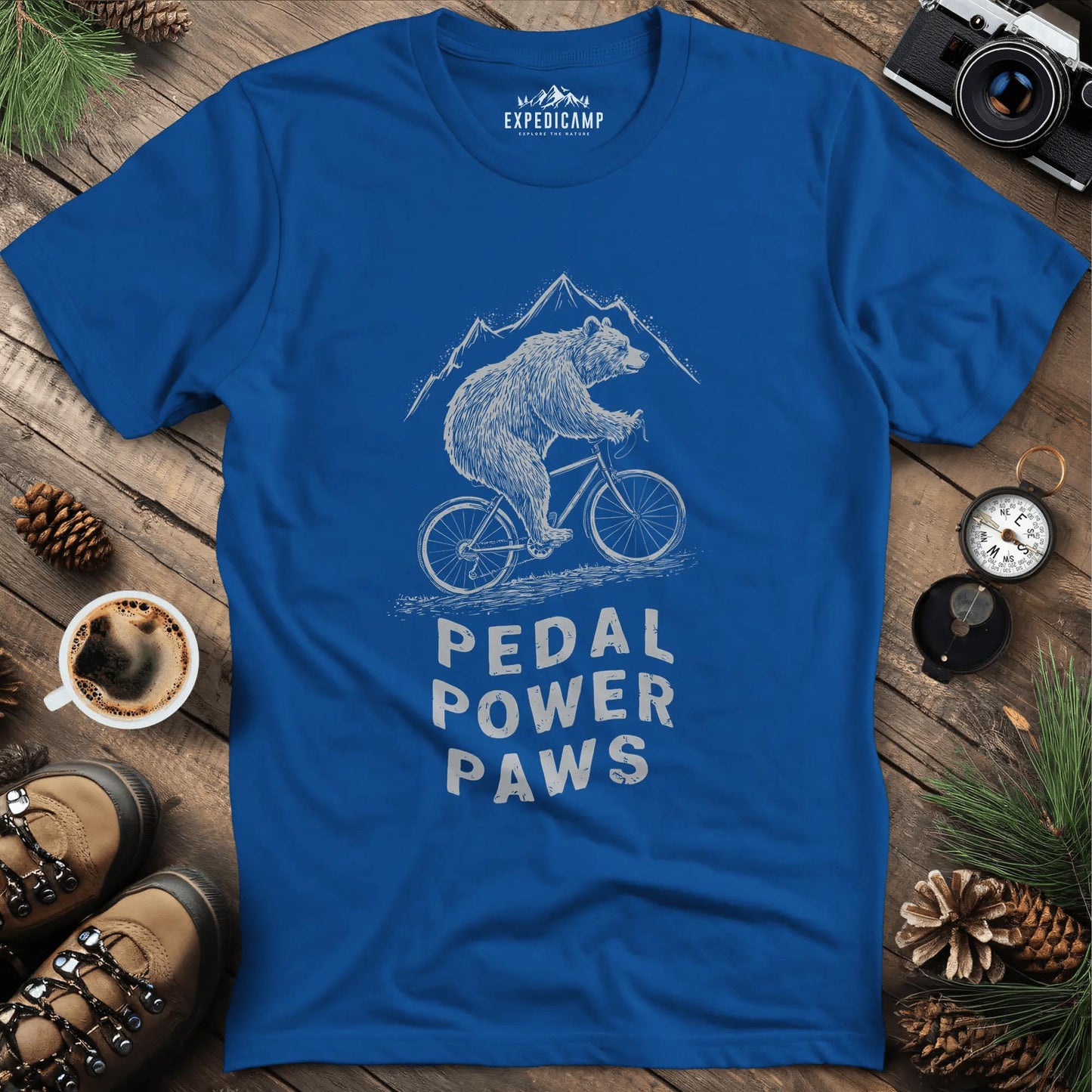 Pedal Power Paws T-Shirt – Cycling Bear Adventure – Royal – Outdoor apparel for travel, hiking, camping, and nature lovers – ExpediCamp