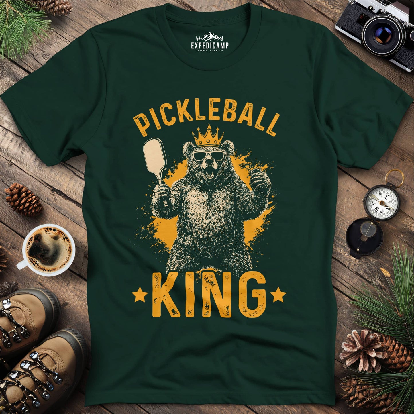 Pickleball King Bear T-Shirt – Forest Green – Outdoor apparel for travel, hiking, camping, and nature lovers – ExpediCamp