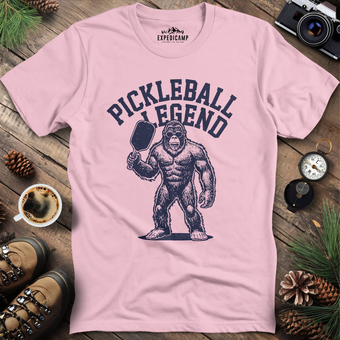 Pickleball Legend Bigfoot T-Shirt – Light Pink – Outdoor apparel for travel, hiking, camping, and nature lovers – ExpediCamp