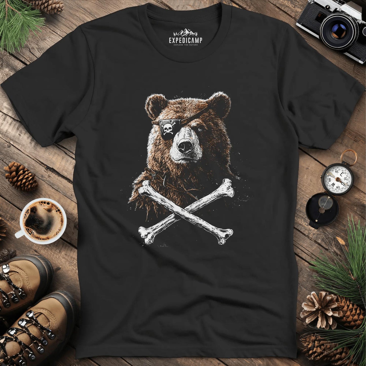 Pirate Bear T-Shirt – Fierce Adventure Design – Black – Outdoor apparel for travel, hiking, camping, and nature lovers – ExpediCamp
