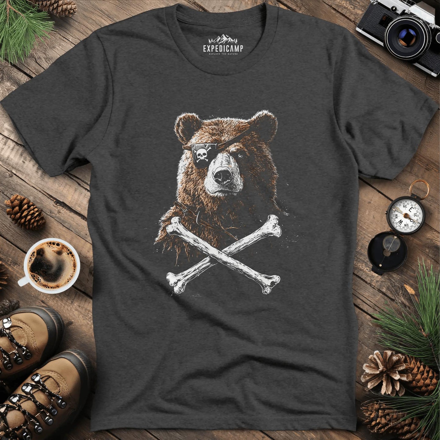 Pirate Bear T-Shirt – Fierce Adventure Design – Dark Heather – Outdoor apparel for travel, hiking, camping, and nature lovers – ExpediCamp