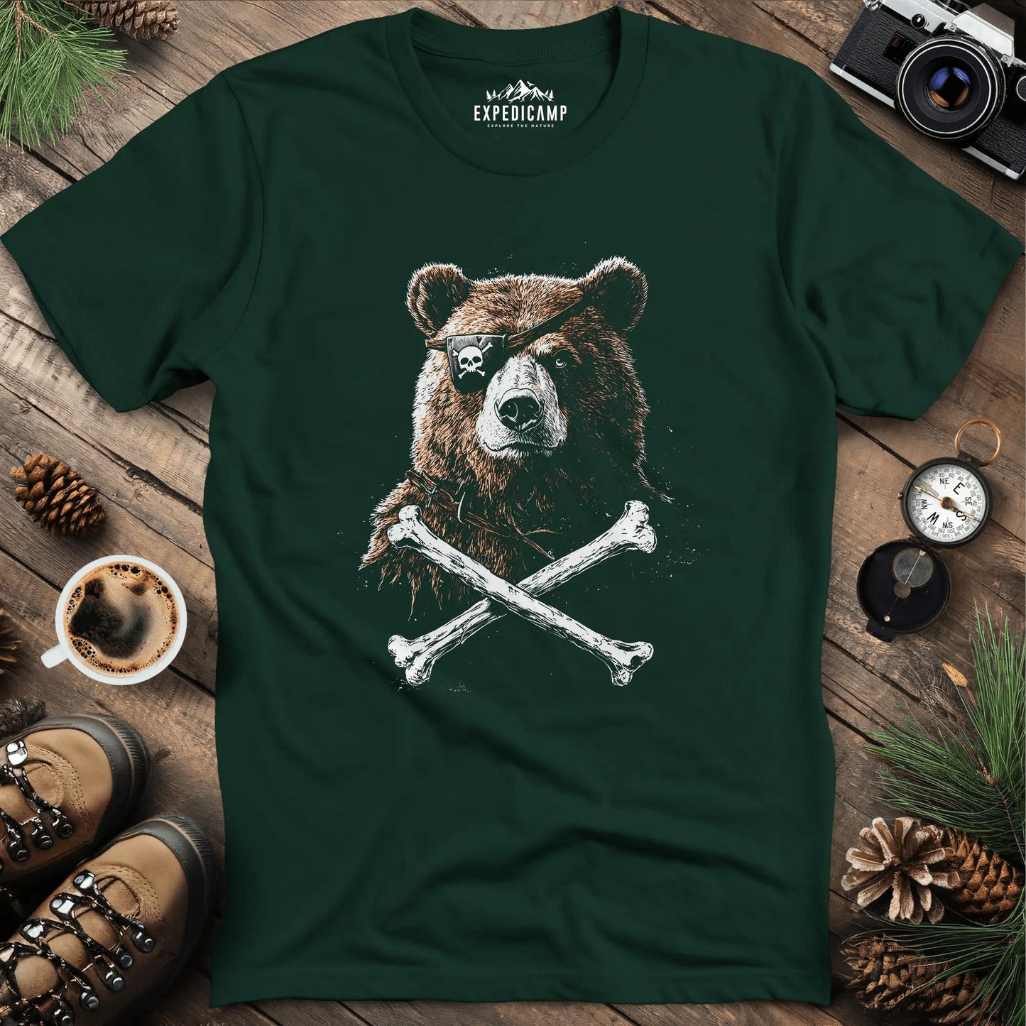 Pirate Bear T-Shirt – Fierce Adventure Design – Forest Green – Outdoor apparel for travel, hiking, camping, and nature lovers – ExpediCamp
