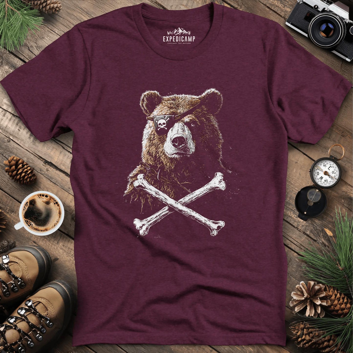 Pirate Bear T-Shirt – Fierce Adventure Design – Heather Maroon – Outdoor apparel for travel, hiking, camping, and nature lovers – ExpediCamp