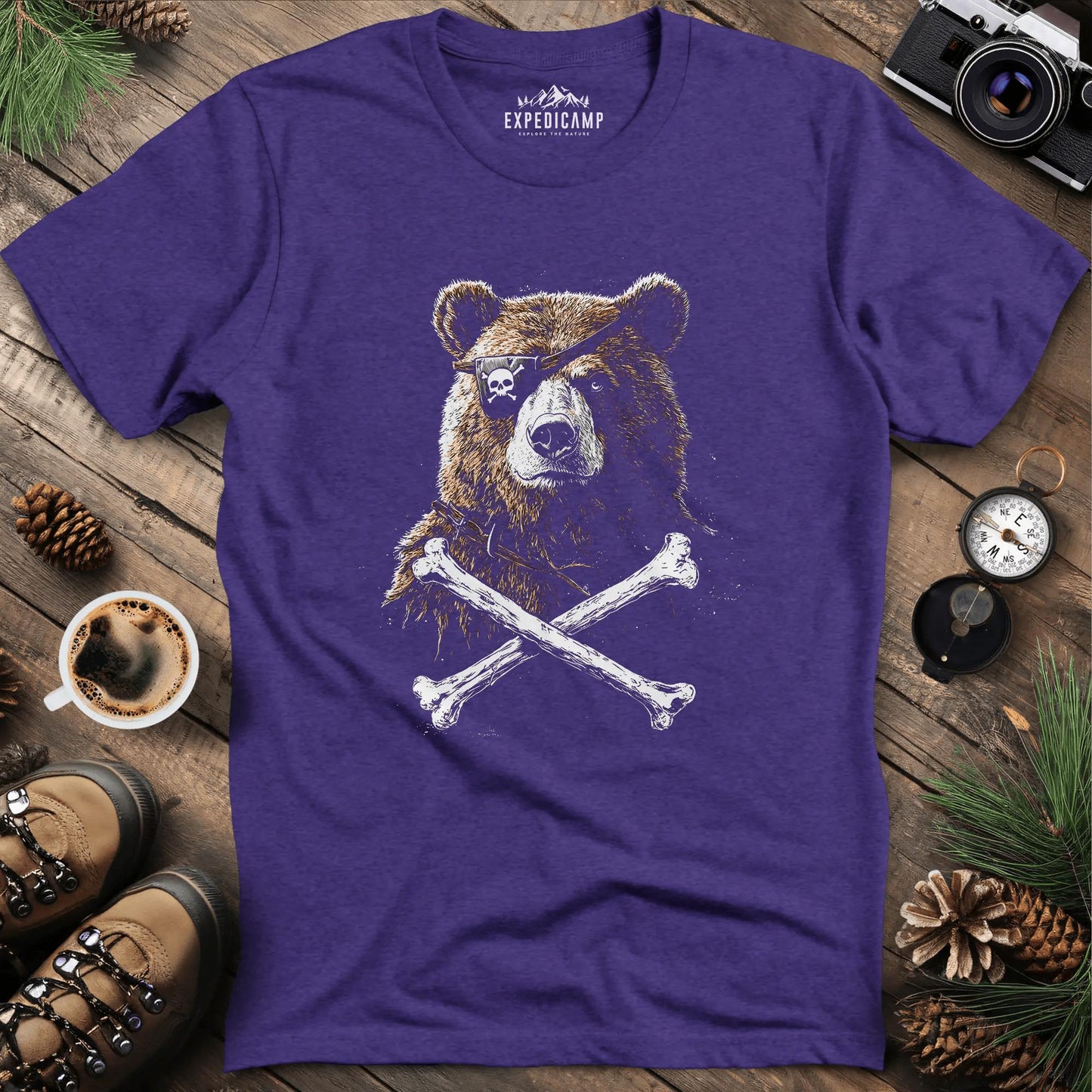 Pirate Bear T-Shirt – Fierce Adventure Design – Heather Purple – Outdoor apparel for travel, hiking, camping, and nature lovers – ExpediCamp