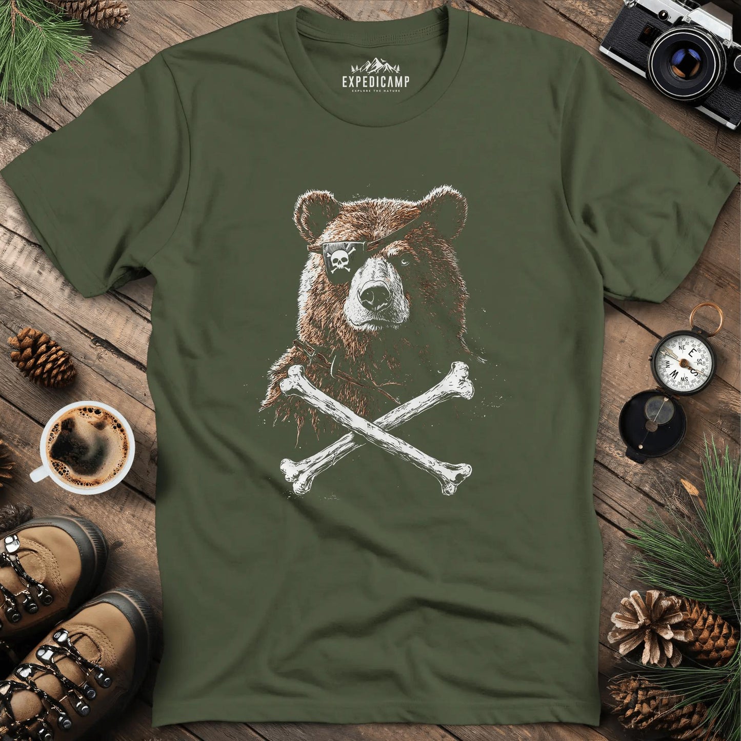 Pirate Bear T-Shirt – Fierce Adventure Design – Military Green – Outdoor apparel for travel, hiking, camping, and nature lovers – ExpediCamp