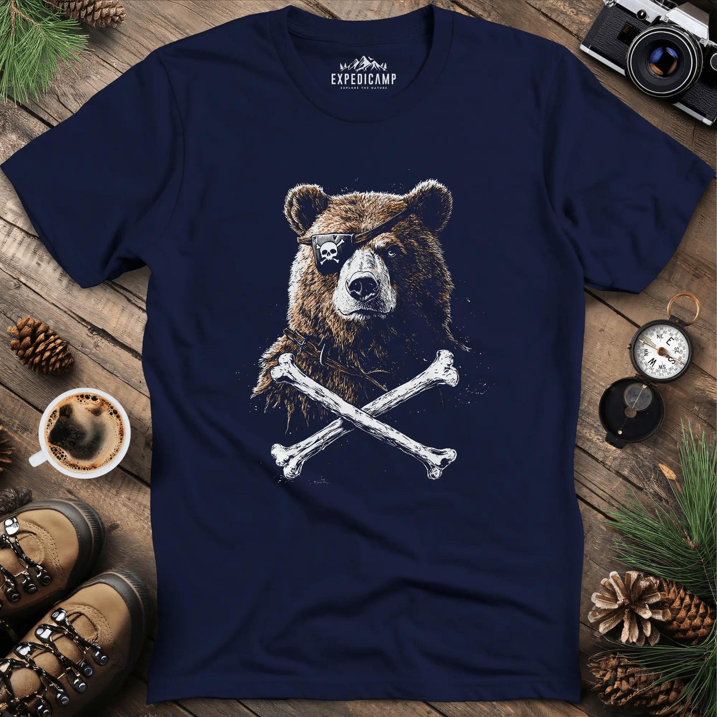Pirate Bear T-Shirt – Fierce Adventure Design – Navy – Outdoor apparel for travel, hiking, camping, and nature lovers – ExpediCamp