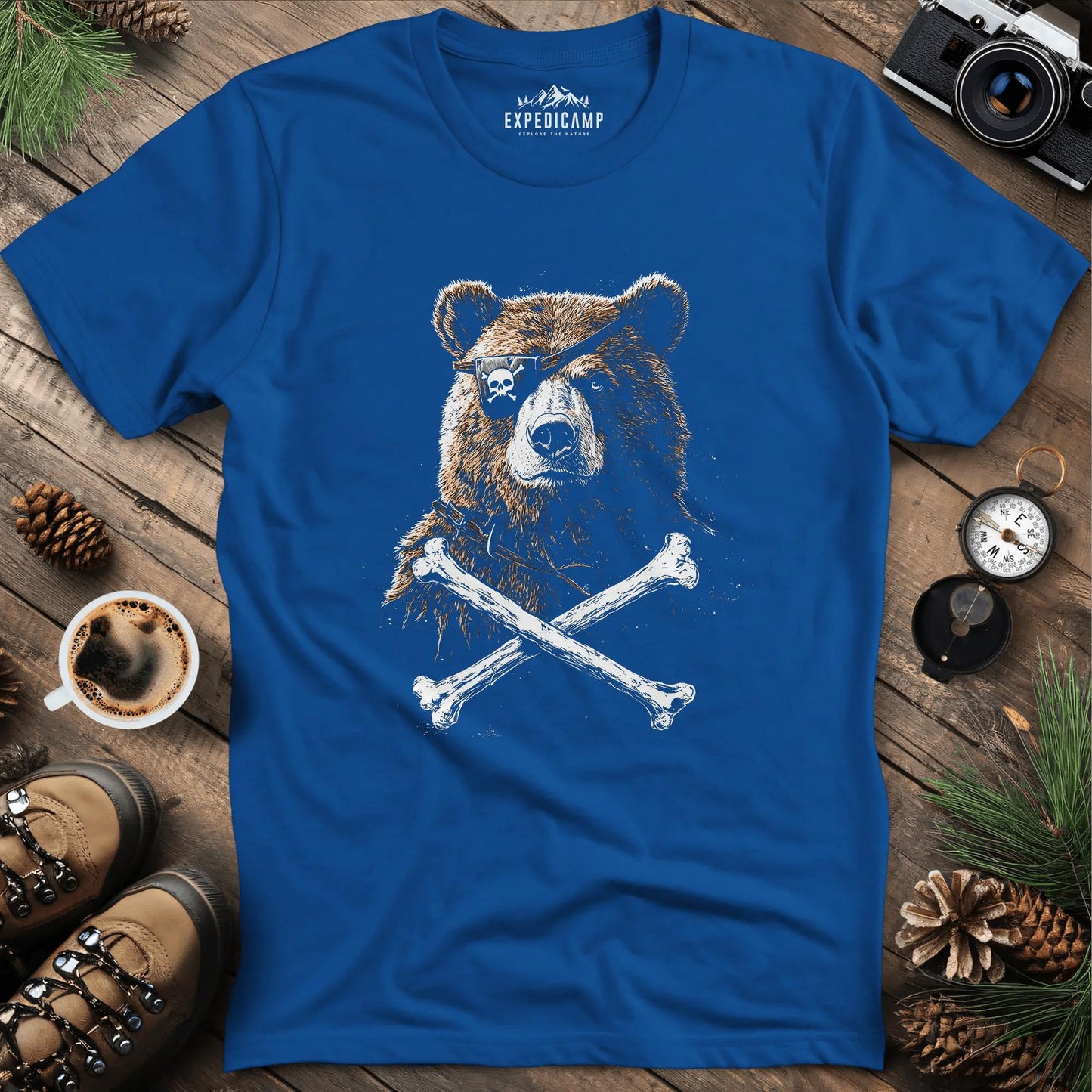 Pirate Bear T-Shirt – Fierce Adventure Design – Royal – Outdoor apparel for travel, hiking, camping, and nature lovers – ExpediCamp
