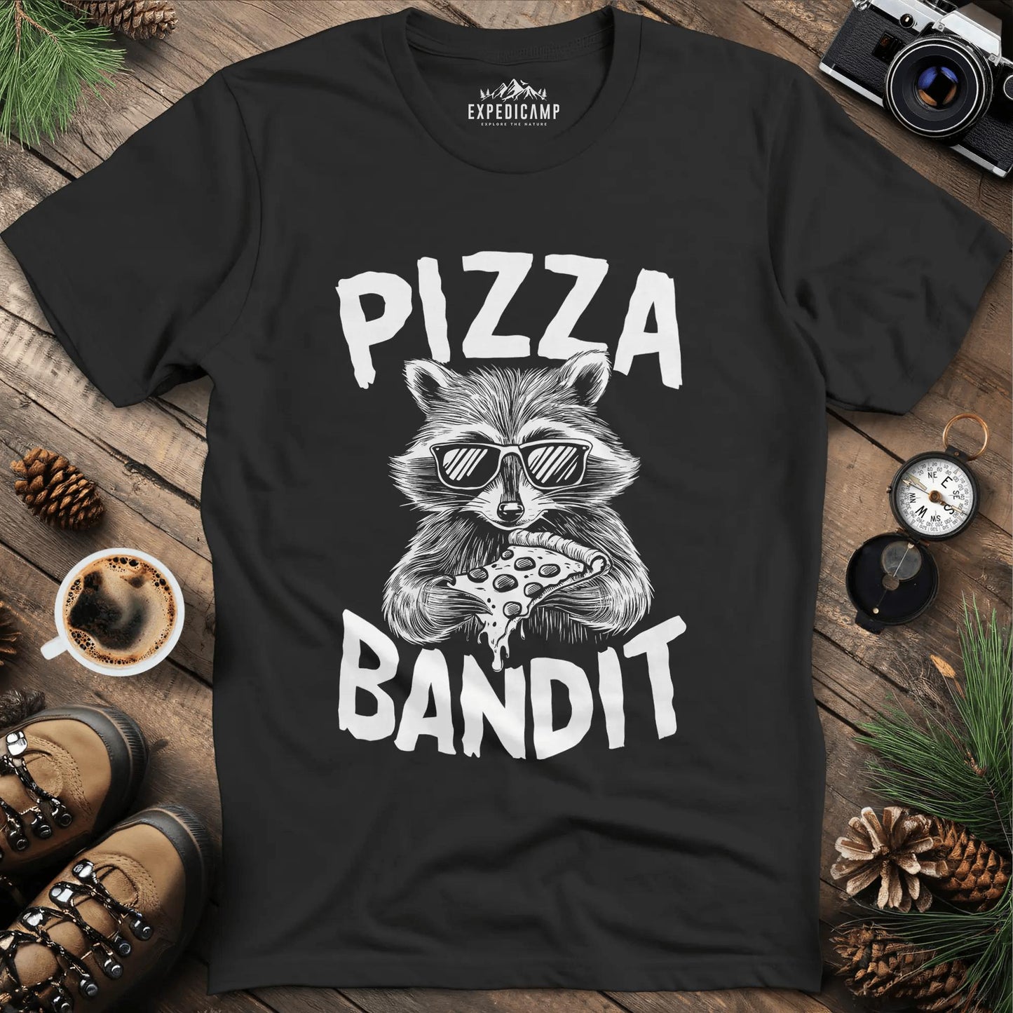 Pizza Bandit Raccoon T-Shirt – Black – Outdoor apparel for travel, hiking, camping, and nature lovers – ExpediCamp