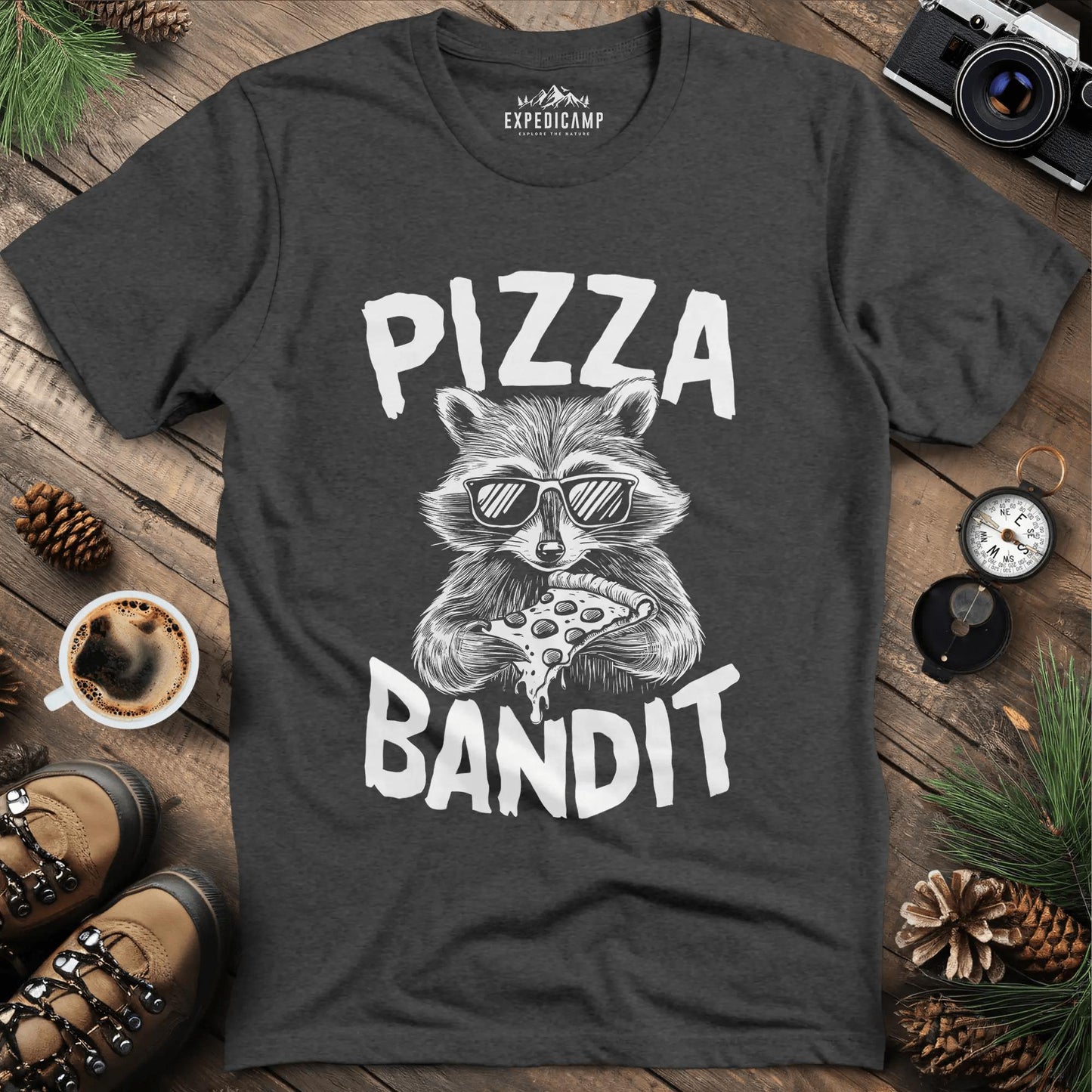 Pizza Bandit Raccoon T-Shirt – Dark Heather – Outdoor apparel for travel, hiking, camping, and nature lovers – ExpediCamp