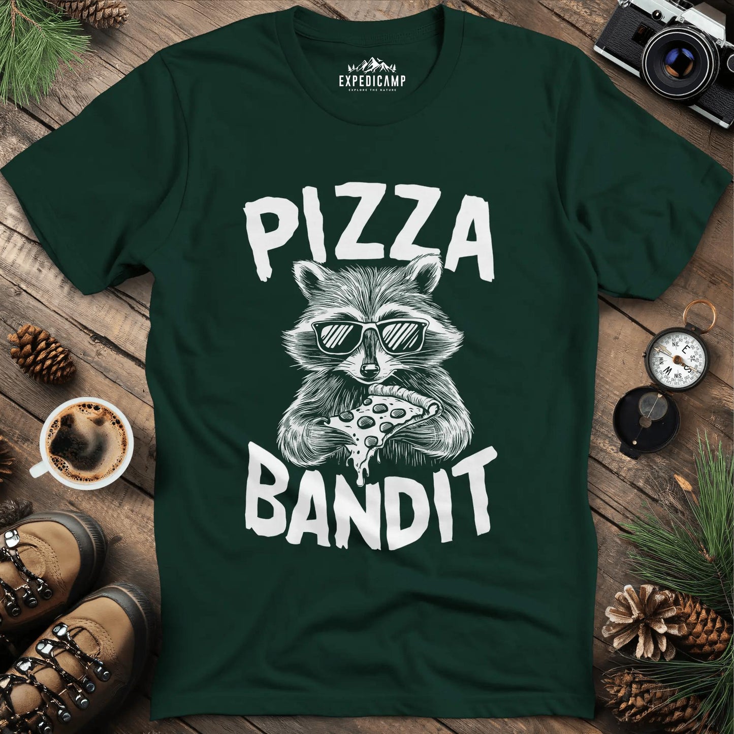 Pizza Bandit Raccoon T-Shirt – Forest Green – Outdoor apparel for travel, hiking, camping, and nature lovers – ExpediCamp
