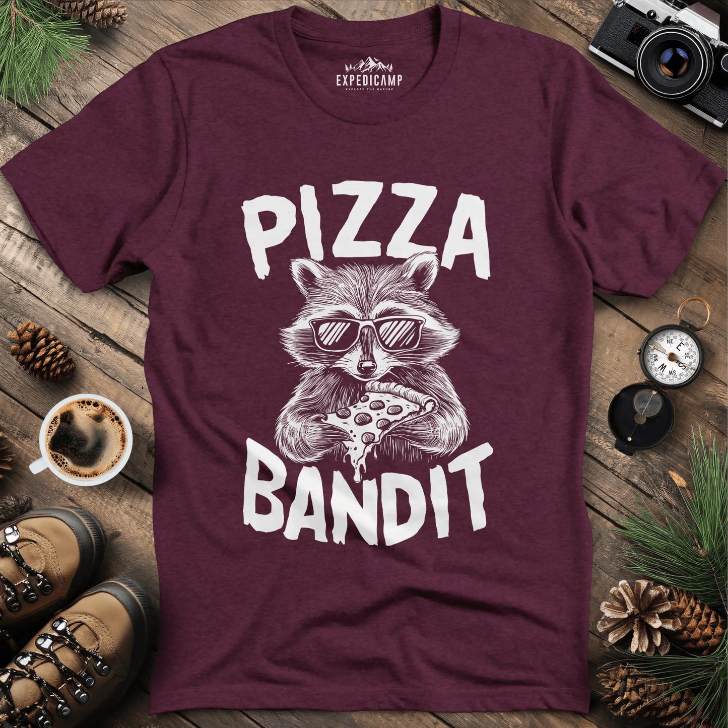 Pizza Bandit Raccoon T-Shirt – Heather Maroon – Outdoor apparel for travel, hiking, camping, and nature lovers – ExpediCamp