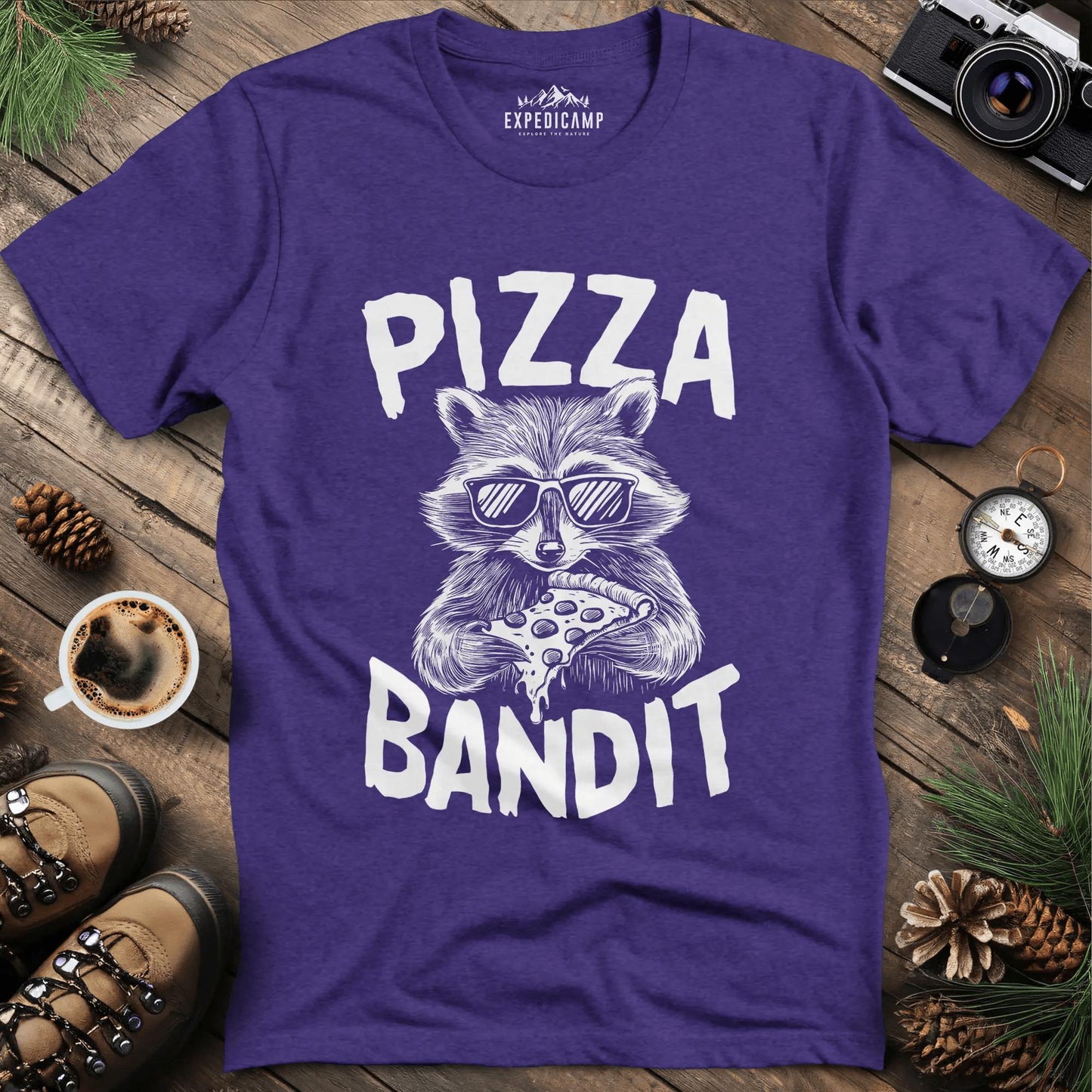 Pizza Bandit Raccoon T-Shirt – Heather Purple – Outdoor apparel for travel, hiking, camping, and nature lovers – ExpediCamp