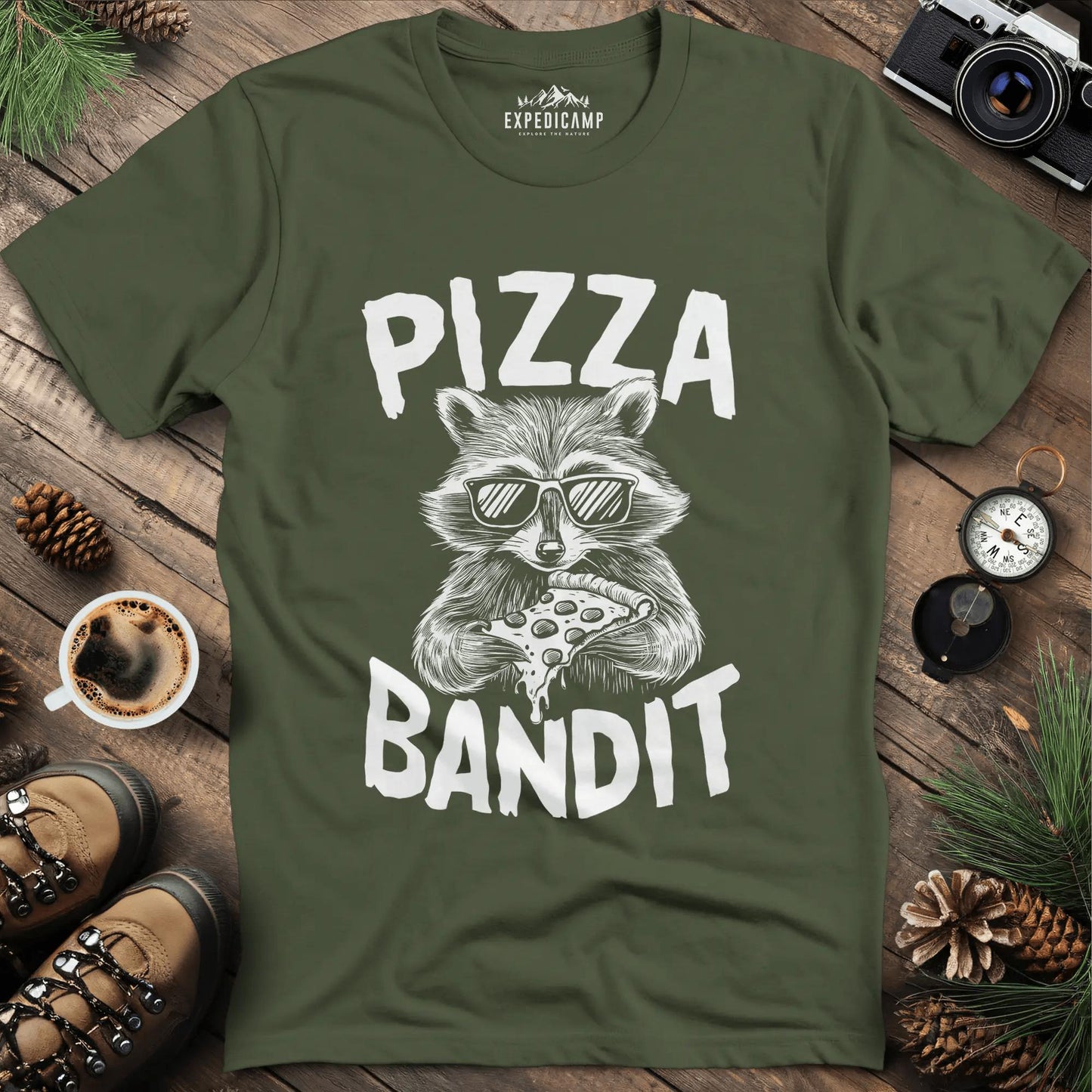 Pizza Bandit Raccoon T-Shirt – Military Green – Outdoor apparel for travel, hiking, camping, and nature lovers – ExpediCamp