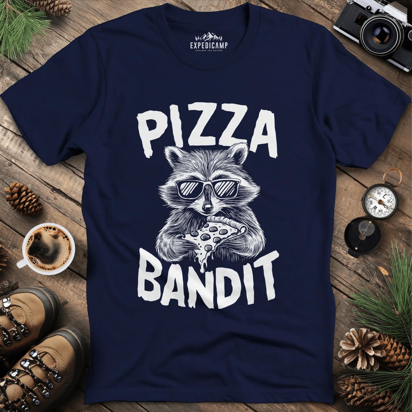 Pizza Bandit Raccoon T-Shirt – Navy – Outdoor apparel for travel, hiking, camping, and nature lovers – ExpediCamp