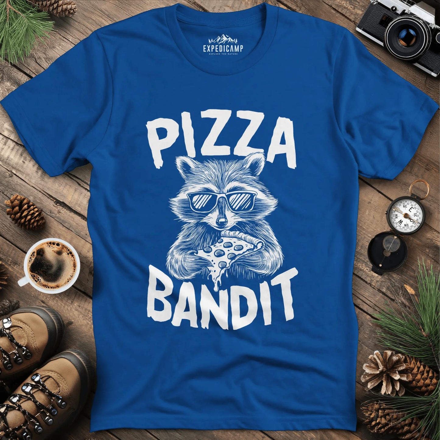 Pizza Bandit Raccoon T-Shirt – Royal – Outdoor apparel for travel, hiking, camping, and nature lovers – ExpediCamp
