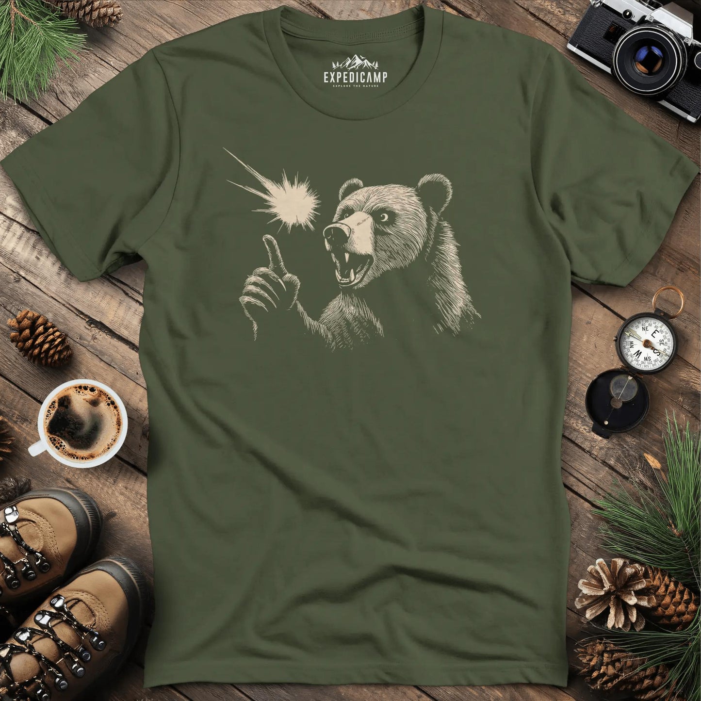 Pointing Bear T-Shirt – Wilderness Wonder – Military Green – Outdoor apparel for travel, hiking, camping, and nature lovers – ExpediCamp