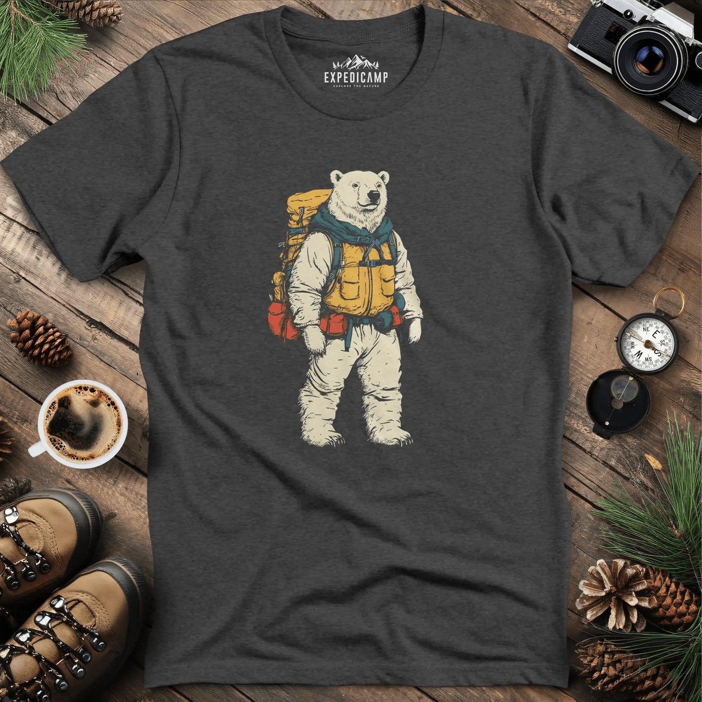 Polar Bear Hiker T-Shirt – Arctic Adventurer – Dark Heather – Outdoor apparel for travel, hiking, camping, and nature lovers – ExpediCamp