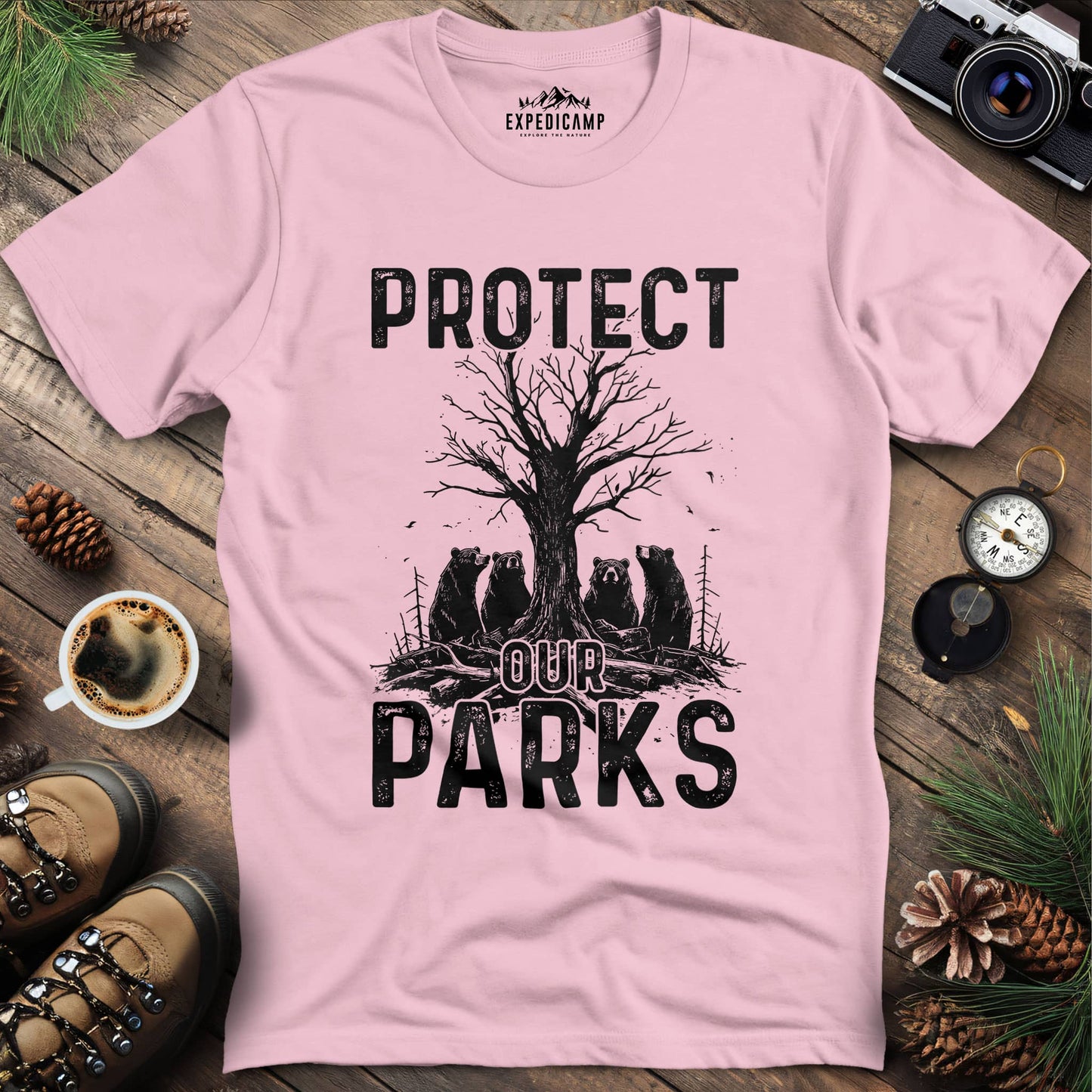 Protect Our Parks Wildlife Conservation T-Shirt – Light Pink – Outdoor apparel for travel, hiking, camping, and nature lovers – ExpediCamp