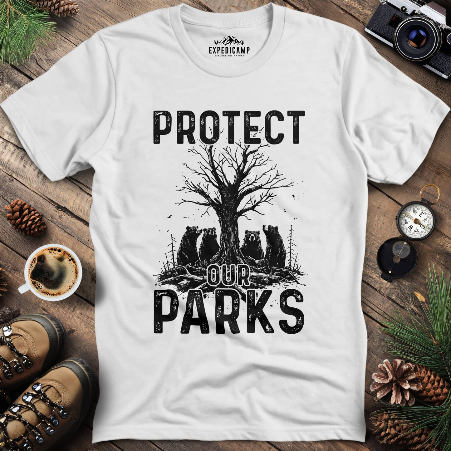 Protect Our Parks Wildlife Conservation T-Shirt – White – Outdoor apparel for travel, hiking, camping, and nature lovers – ExpediCamp
