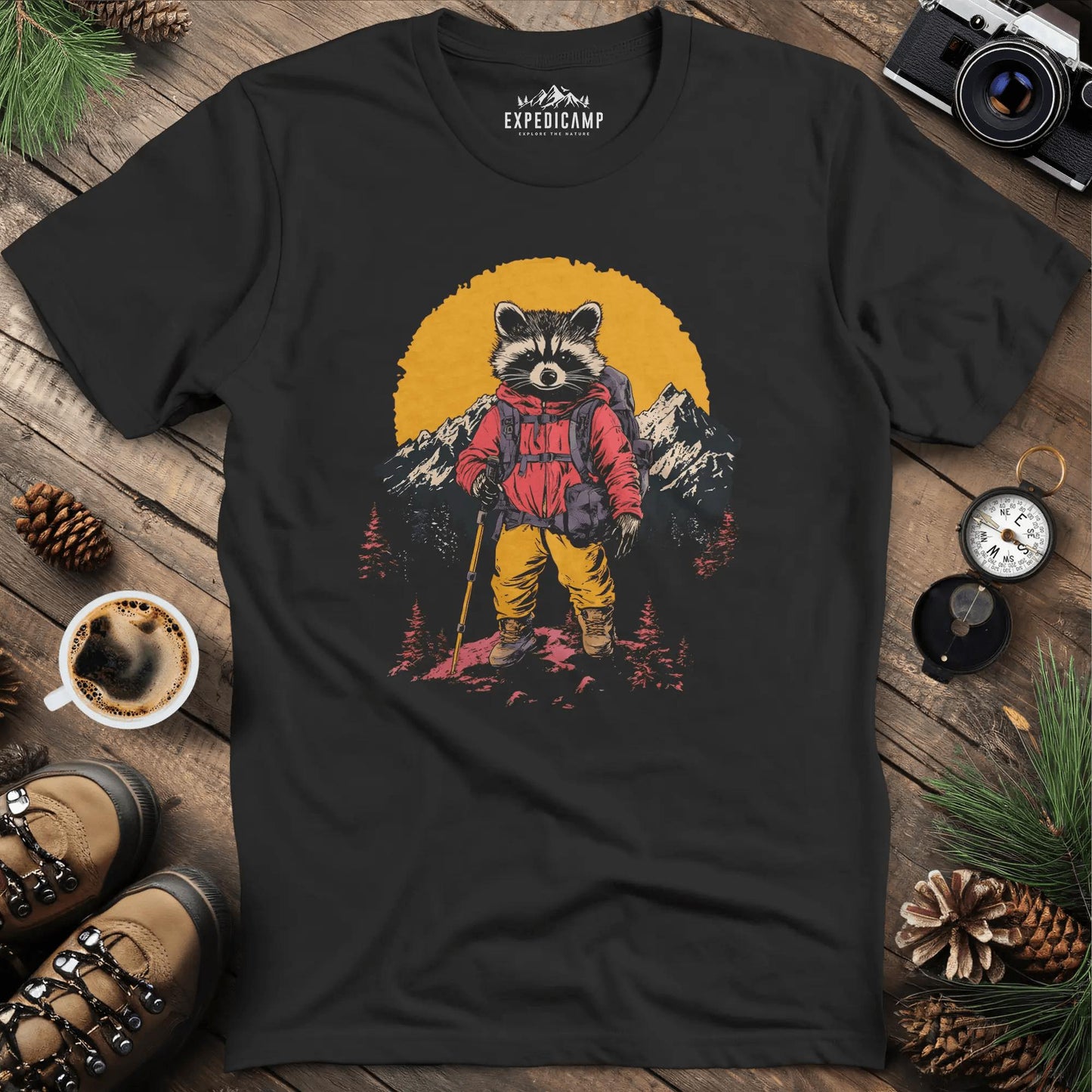 Raccoon Hiker T-Shirt – Mischievous Trailblazer – Black – Outdoor apparel for travel, hiking, camping, and nature lovers – ExpediCamp