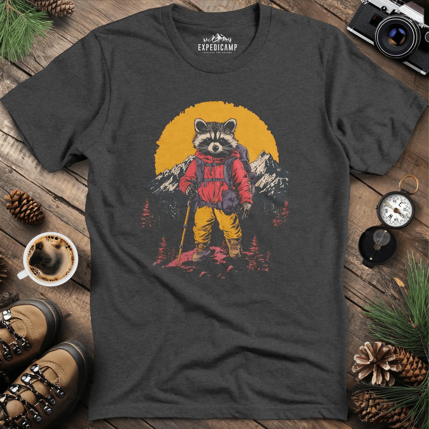 Raccoon Hiker T-Shirt – Mischievous Trailblazer – Dark Heather – Outdoor apparel for travel, hiking, camping, and nature lovers – ExpediCamp