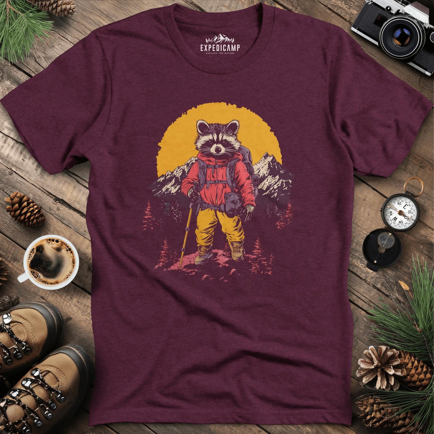 Raccoon Hiker T-Shirt – Mischievous Trailblazer – Heather Maroon – Outdoor apparel for travel, hiking, camping, and nature lovers – ExpediCamp