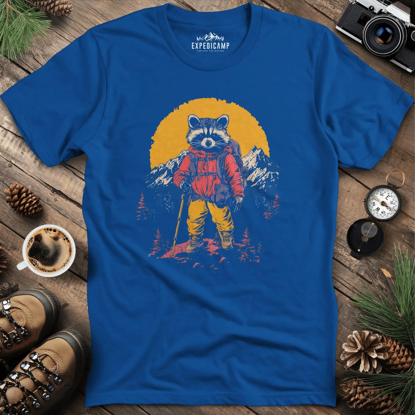 Raccoon Hiker T-Shirt – Mischievous Trailblazer – Royal – Outdoor apparel for travel, hiking, camping, and nature lovers – ExpediCamp