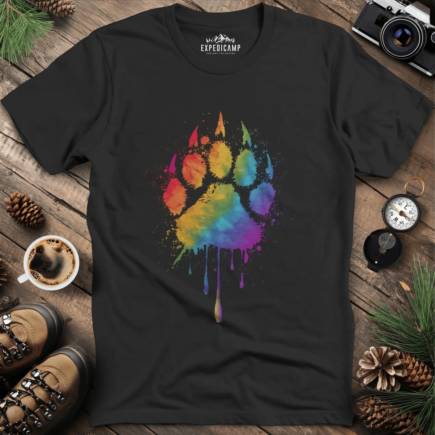 Rainbow Bear Paw T-Shirt – Black – Outdoor apparel for travel, hiking, camping, and nature lovers – ExpediCamp
