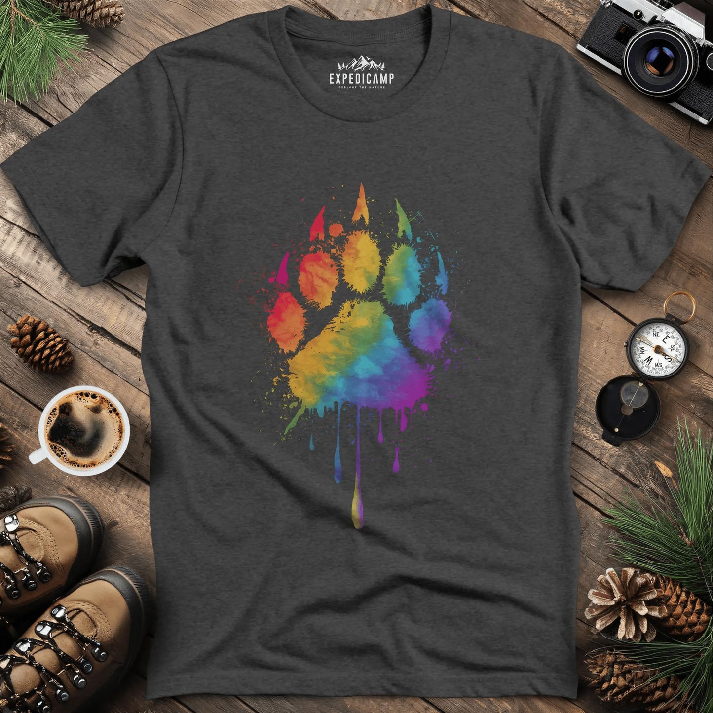Rainbow Bear Paw T-Shirt – Dark Heather – Outdoor apparel for travel, hiking, camping, and nature lovers – ExpediCamp