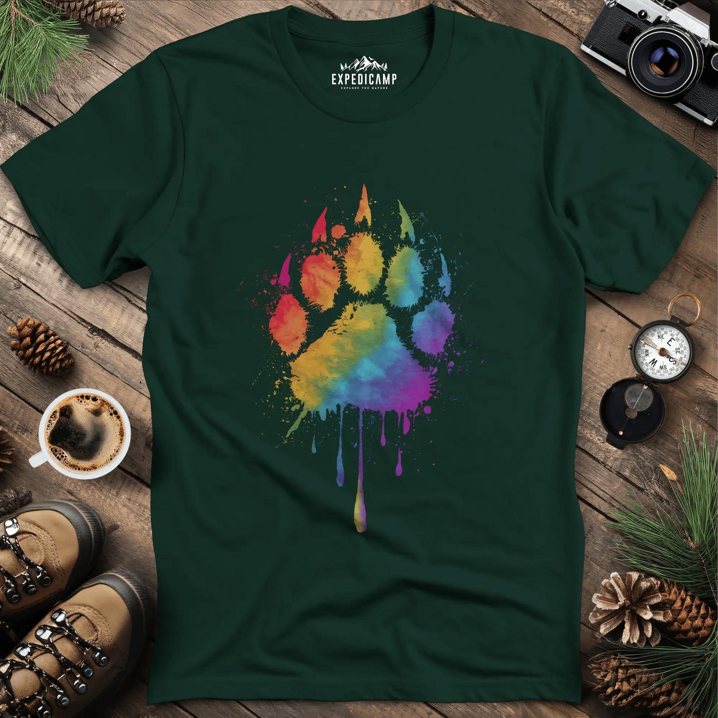 Rainbow Bear Paw T-Shirt – Forest Green – Outdoor apparel for travel, hiking, camping, and nature lovers – ExpediCamp